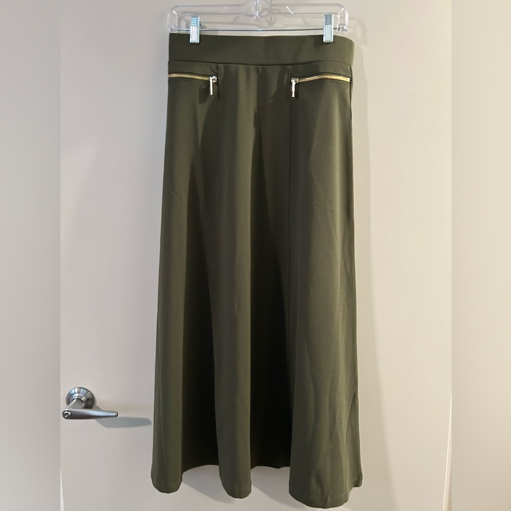 Elegant Olive Midi Skirt with Gold Zipper Details